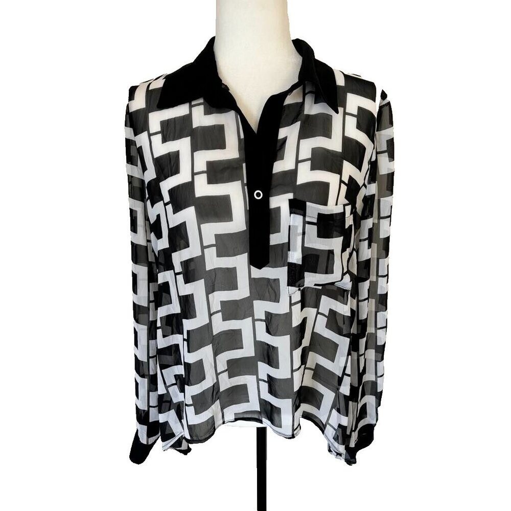 JOSEPH RIBKOFF Long Sleeve Blouse Top Size 10 Collared Semi-Sheer Black White